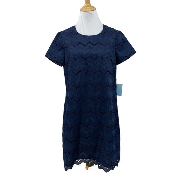 CeCe Eyelet Lace Shift Dress Women 8 Navy Scalloped Hem Short Sleeve Zipper Back - Picture 1 of 16